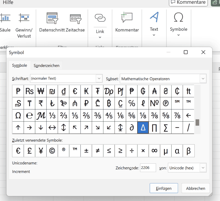 Excel Delta Zeichen So fügst du das Symbol ein 5 Minuten Excel